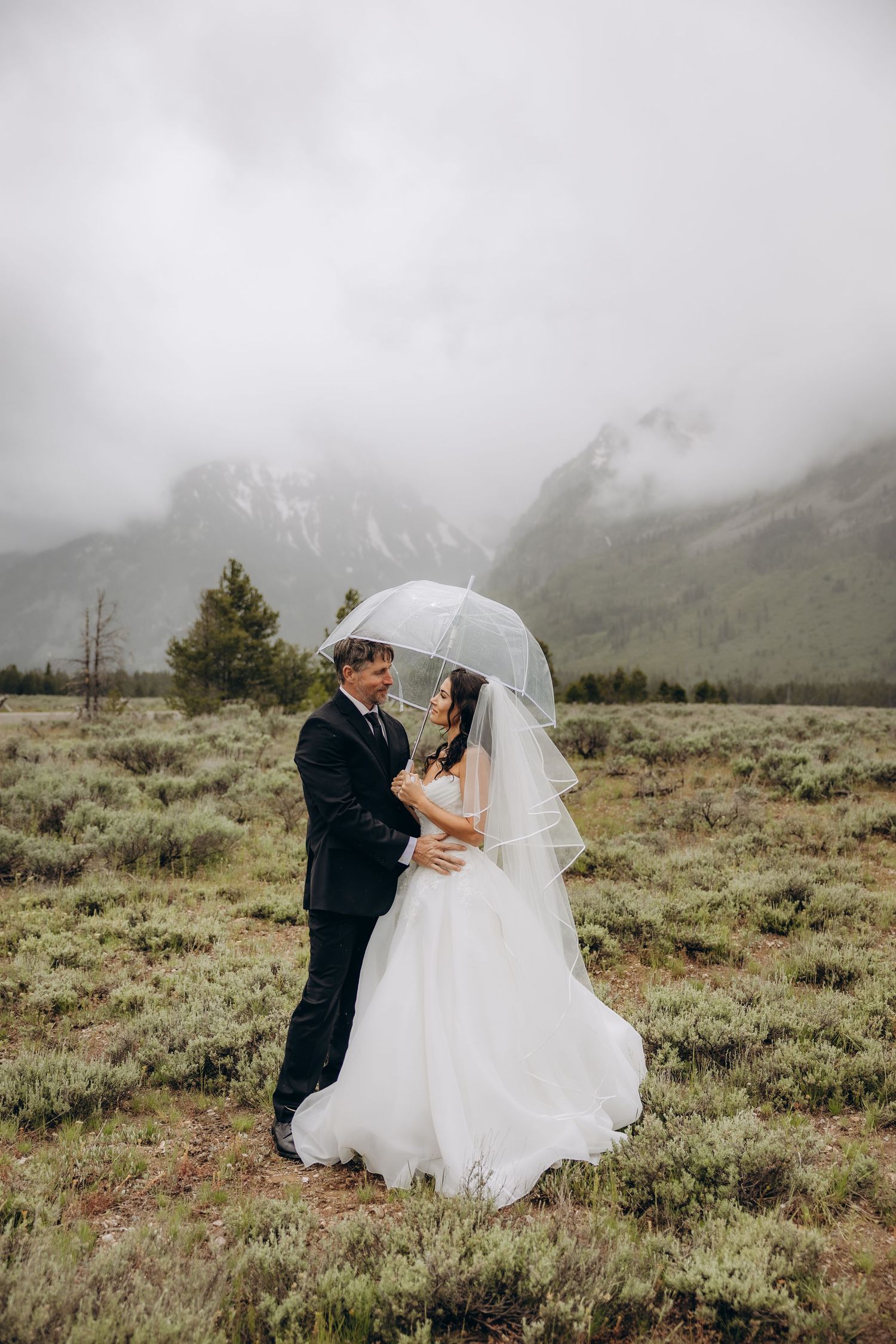 Wedding couple embracing under clear umbrella in misty mountain meadow, bride in flowing white gown.