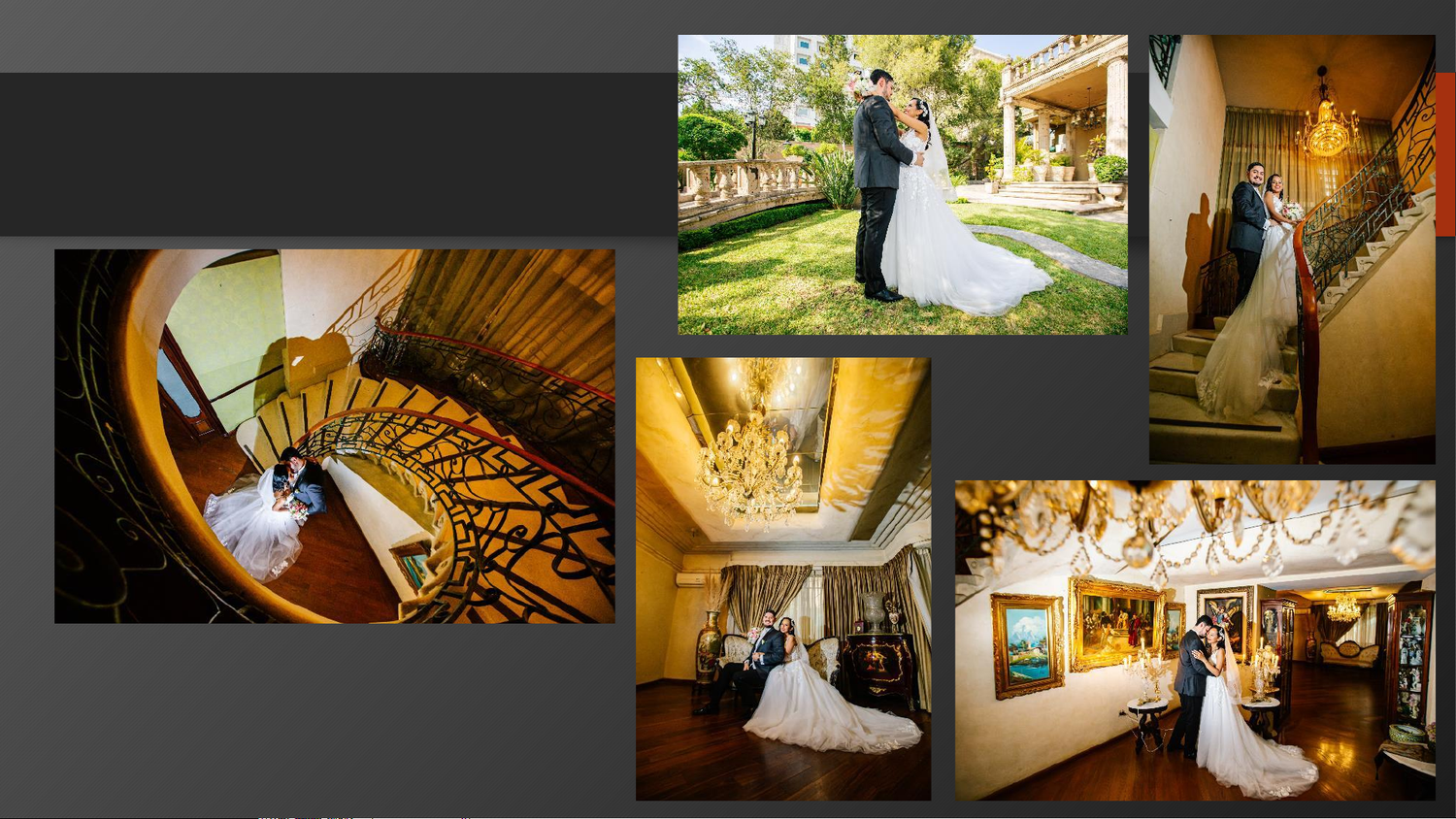 Elegant wedding photo collage featuring bride and groom on ornate staircase, garden, and grand chandelier ballroom.
