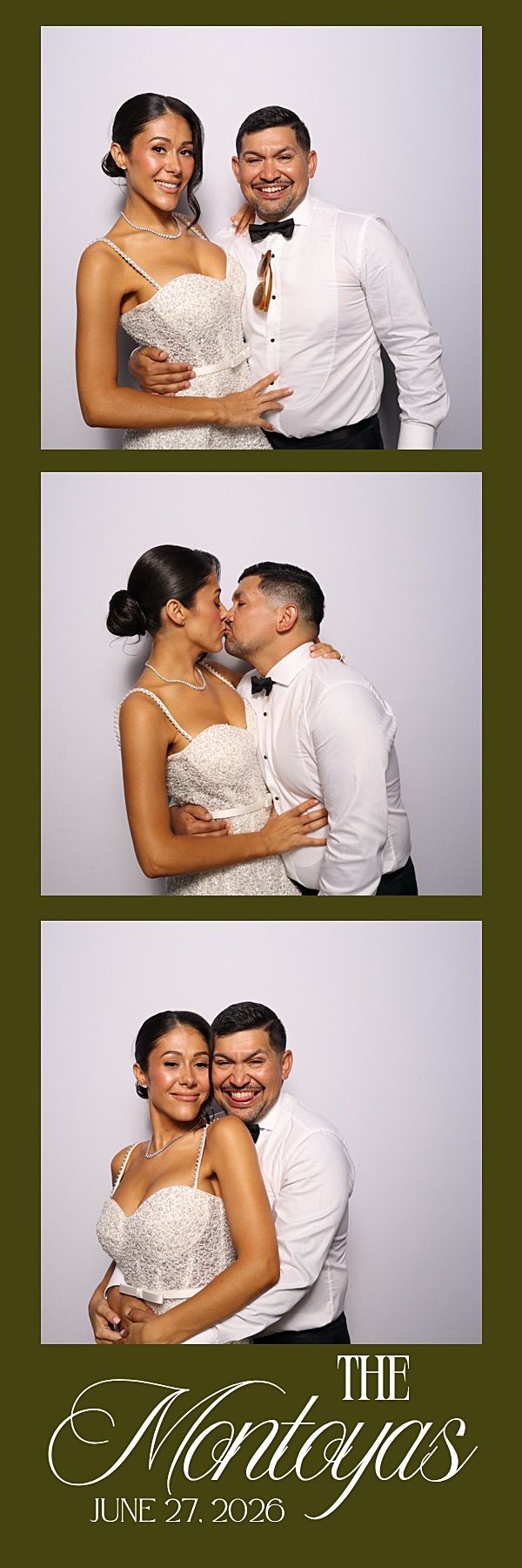 Wedding photo booth strip for The Montoyas dated 06.27.26, couple in formal attire making heart and ring gestures.
