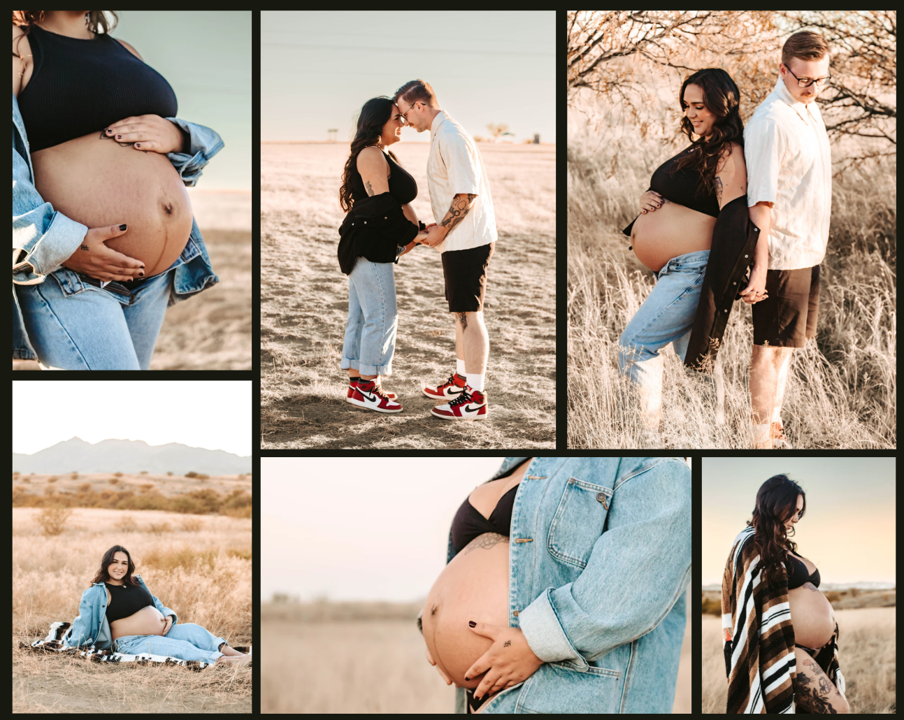Couple celebrating pregnancy during an outdoor maternity photoshoot in Sonoita, Arizona at golden hour.