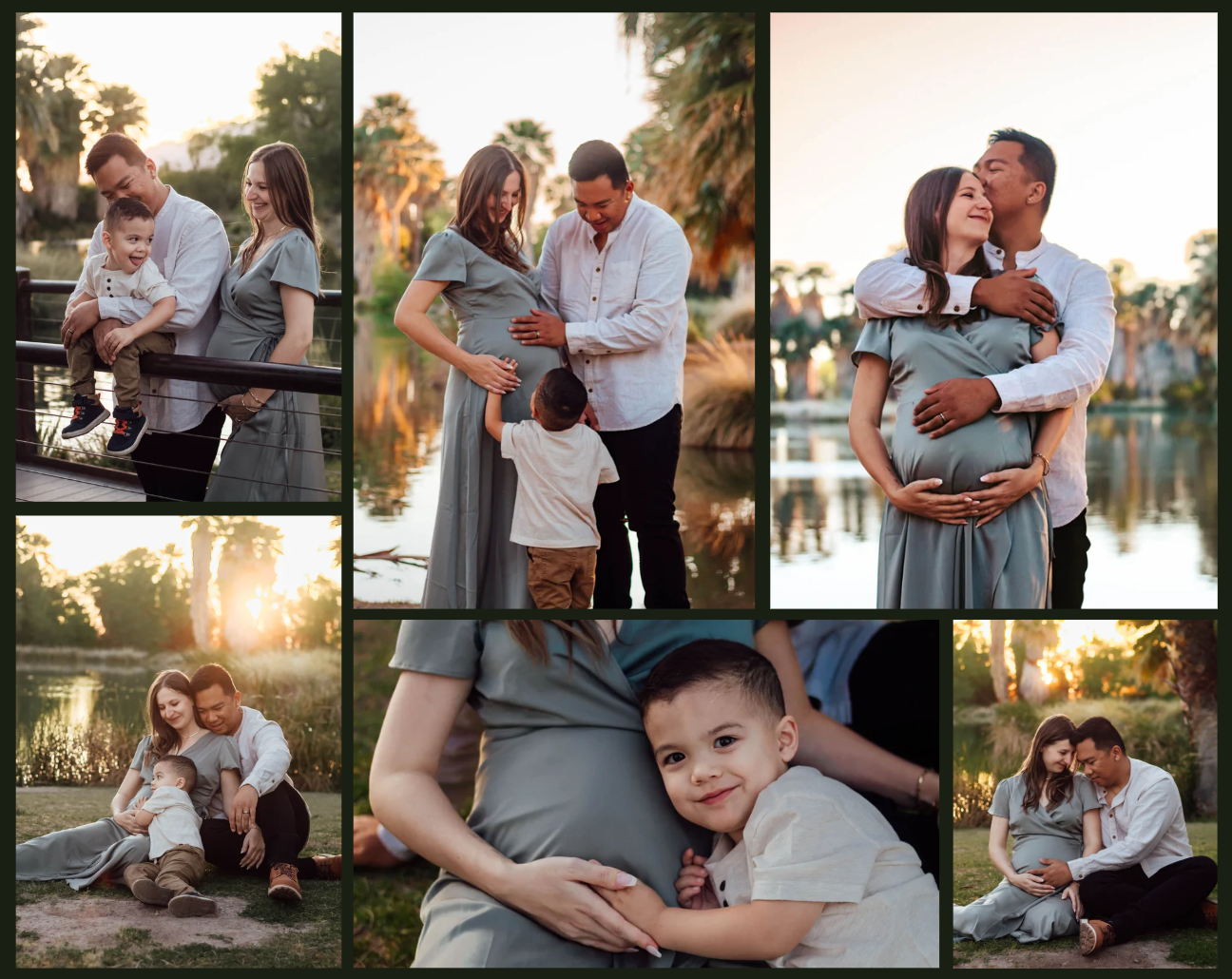 Couple celebrating pregnancy with their toddler during an outdoor maternity photoshoot at Agua Caliente Park in Tucson at golden hour.