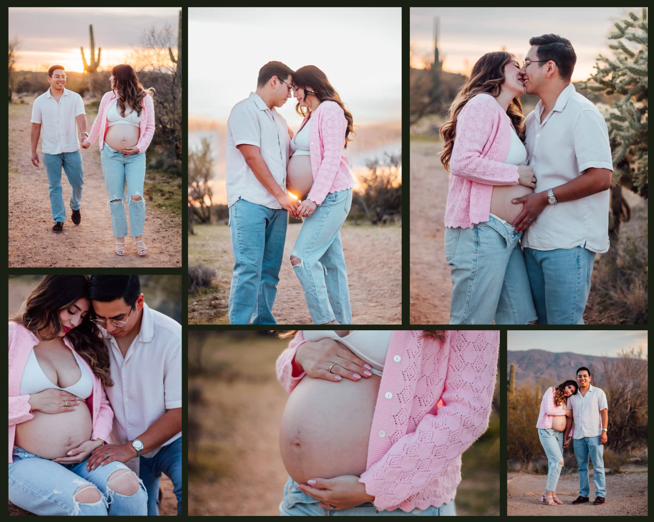 Couple celebrating pregnancy during an outdoor maternity photoshoot in Tucson, Arizona at golden hour.