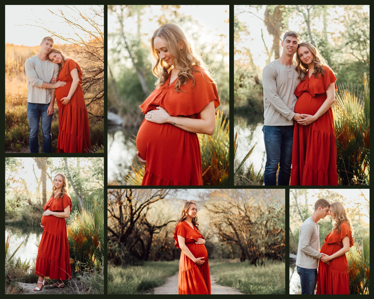 Couple celebrating pregnancy during an outdoor maternity photoshoot at Ague Caliente Park in Tucson, Arizona at golden hour.