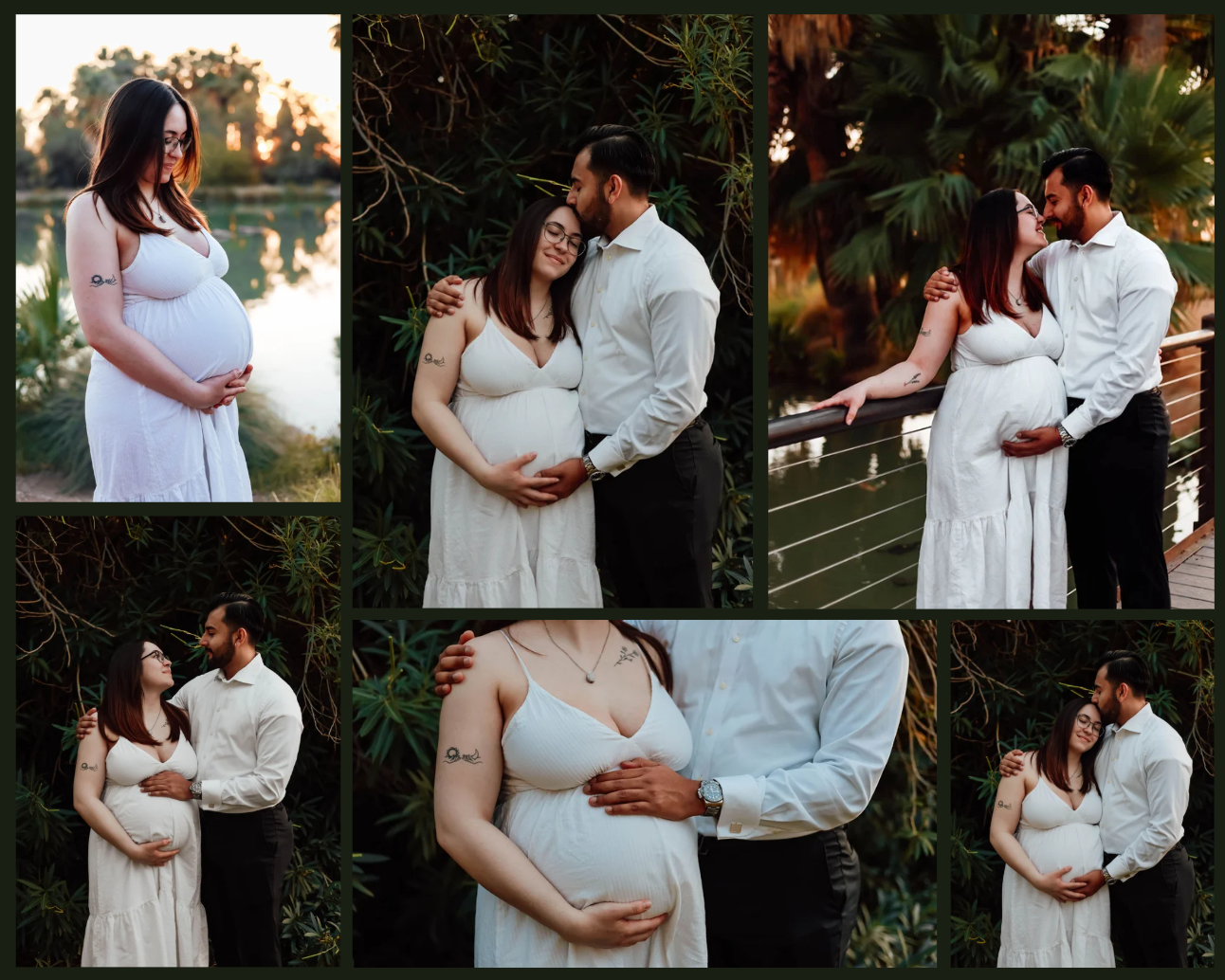 Couple celebrating pregnancy during an outdoor maternity photoshoot at Agua Caliente Park in Tucson, Arizona at golden hour, amidst trees.