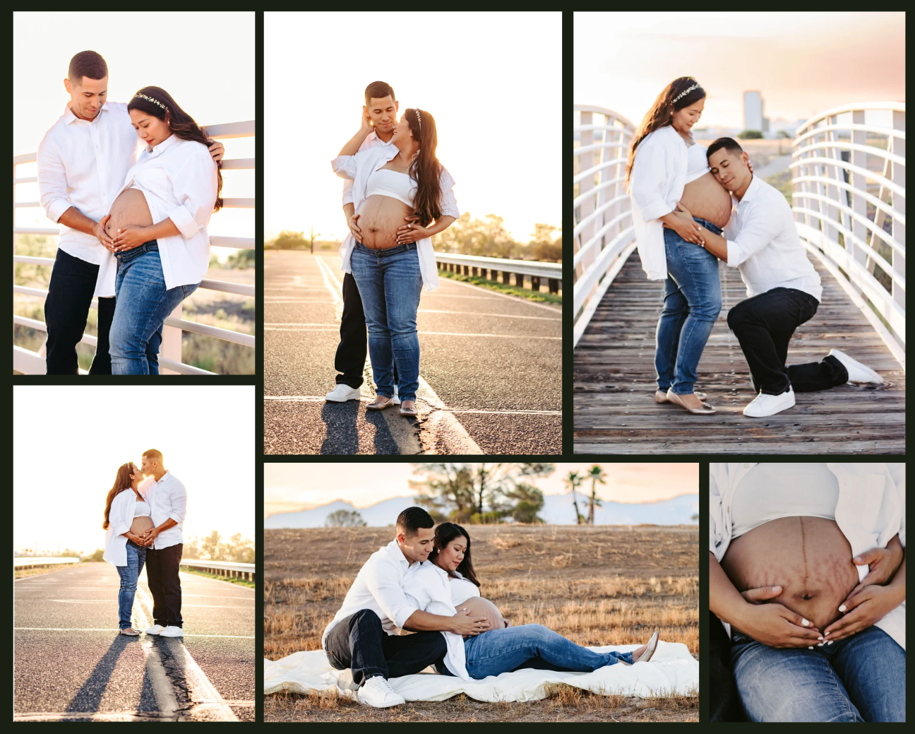 Couple celebrating pregnancy during an outdoor maternity photoshoot at golden hour in a field and on a bridge in Tucson, Arizona.