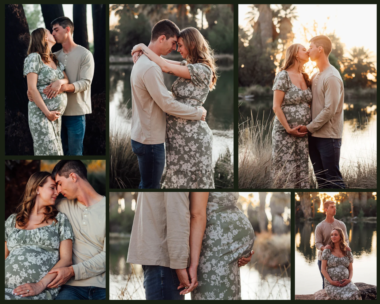 Couple celebrating pregnancy during an outdoor maternity photoshoot at golden hour at Agua Caliente Park in Tucson, Arizona.