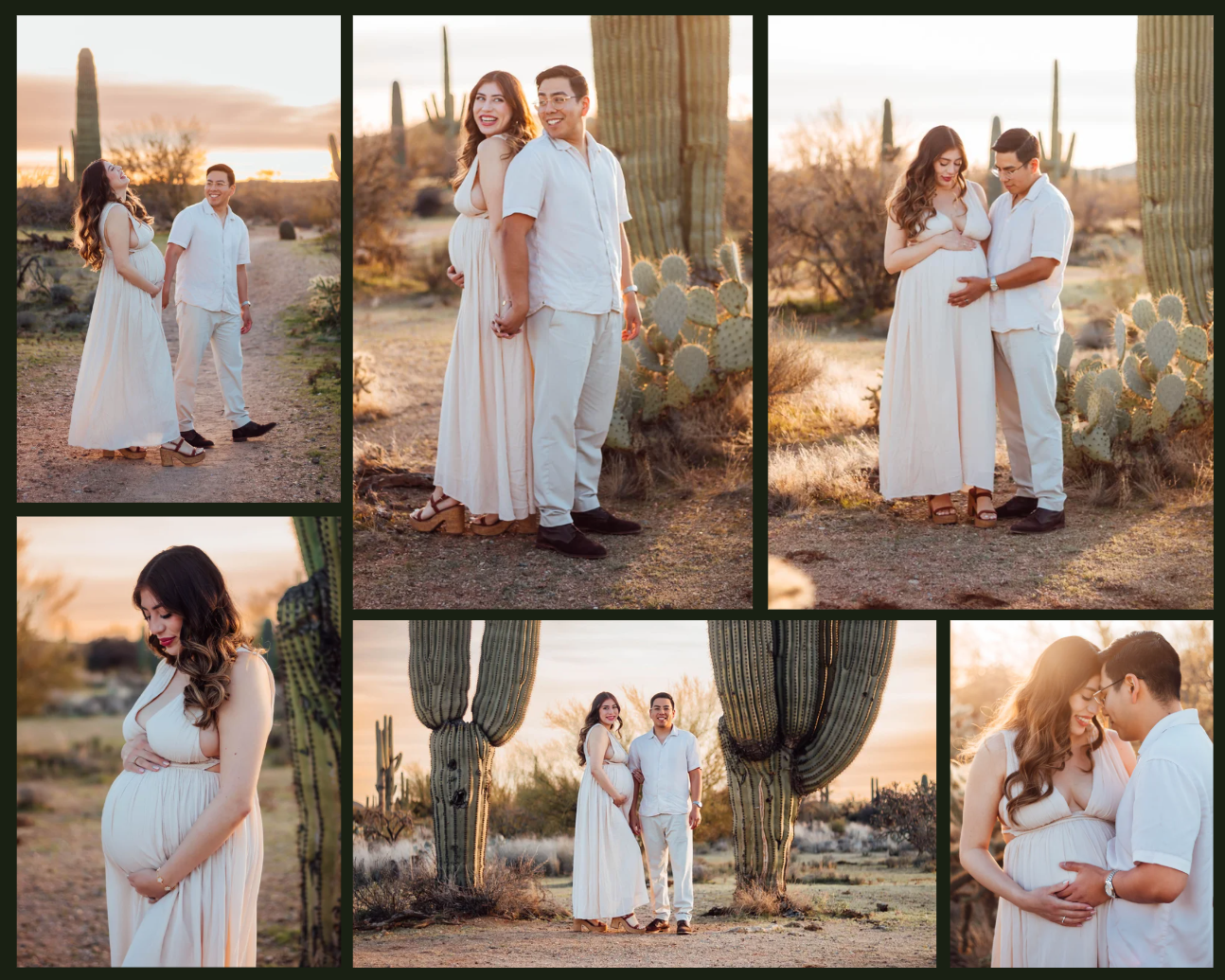 Couple celebrating pregnancy during an outdoor maternity photoshoot in Tucson during golden hour a gorgeous desert setting amongst cactus.