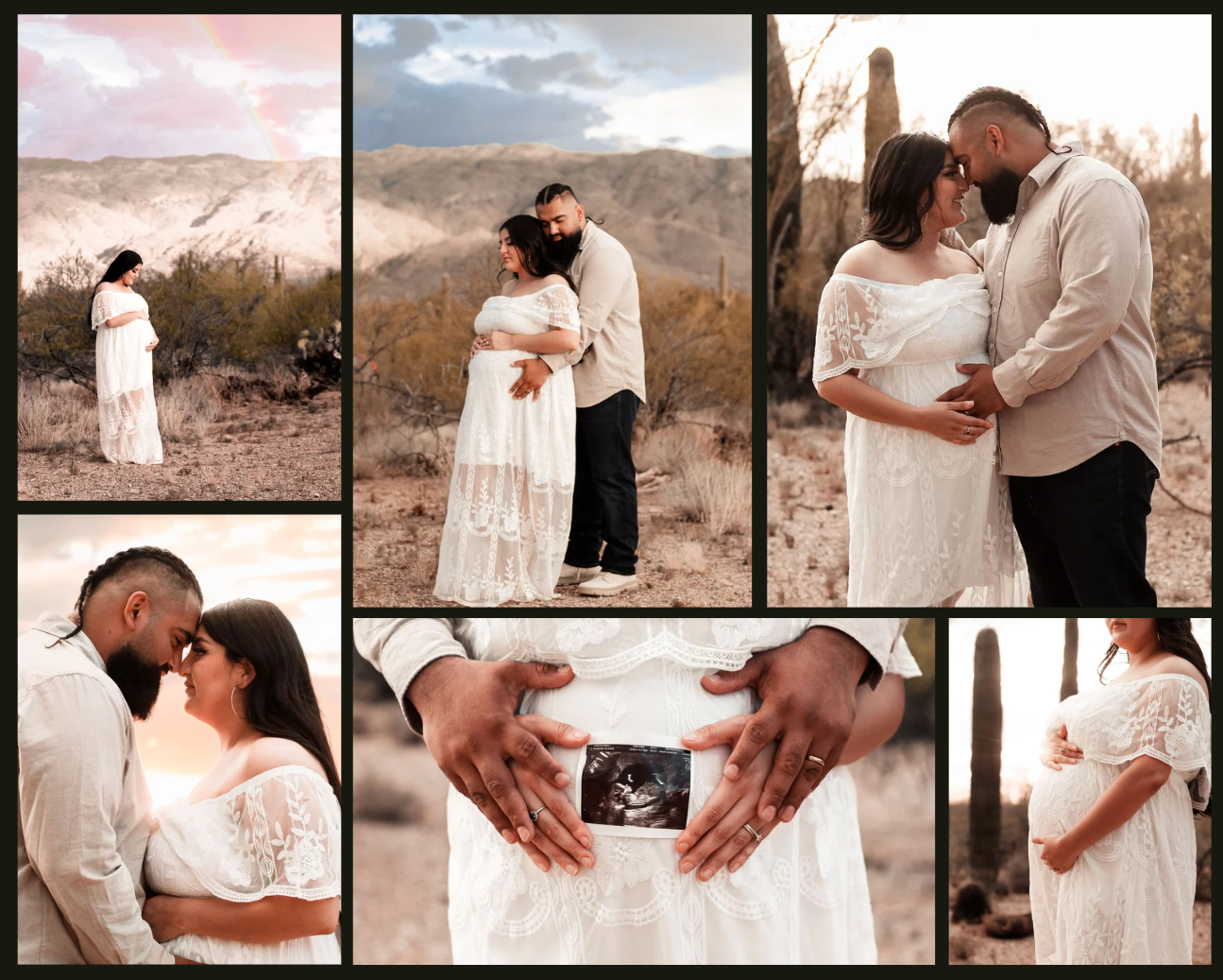 Couple celebrating pregnancy during an outdoor maternity photoshoot in Tucson, Arizona during a monsoon with a rainbow in the background.