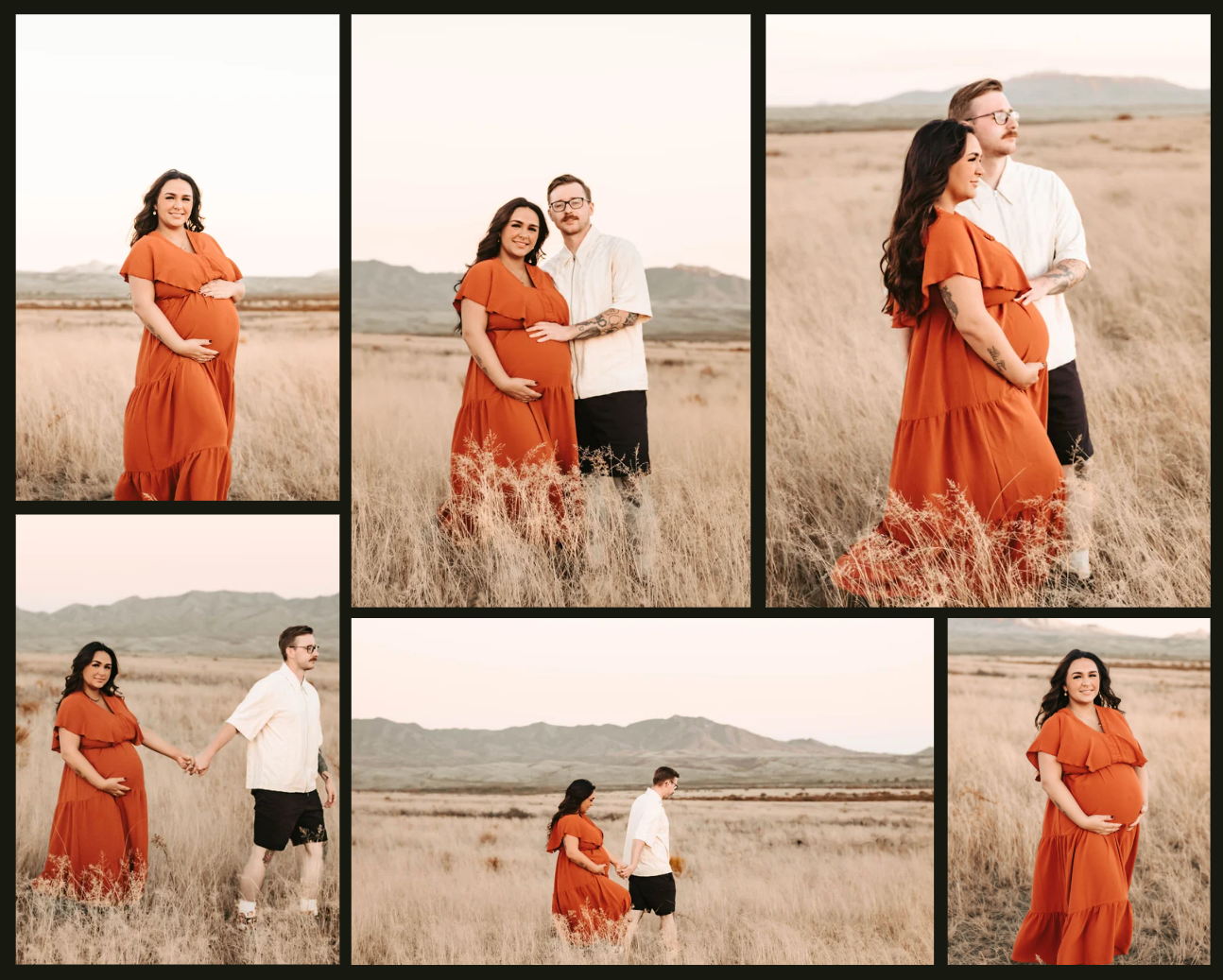 Couple celebrating pregnancy during an outdoor maternity photoshoot at Empire Ranch in Sonoita with a hazy sky.