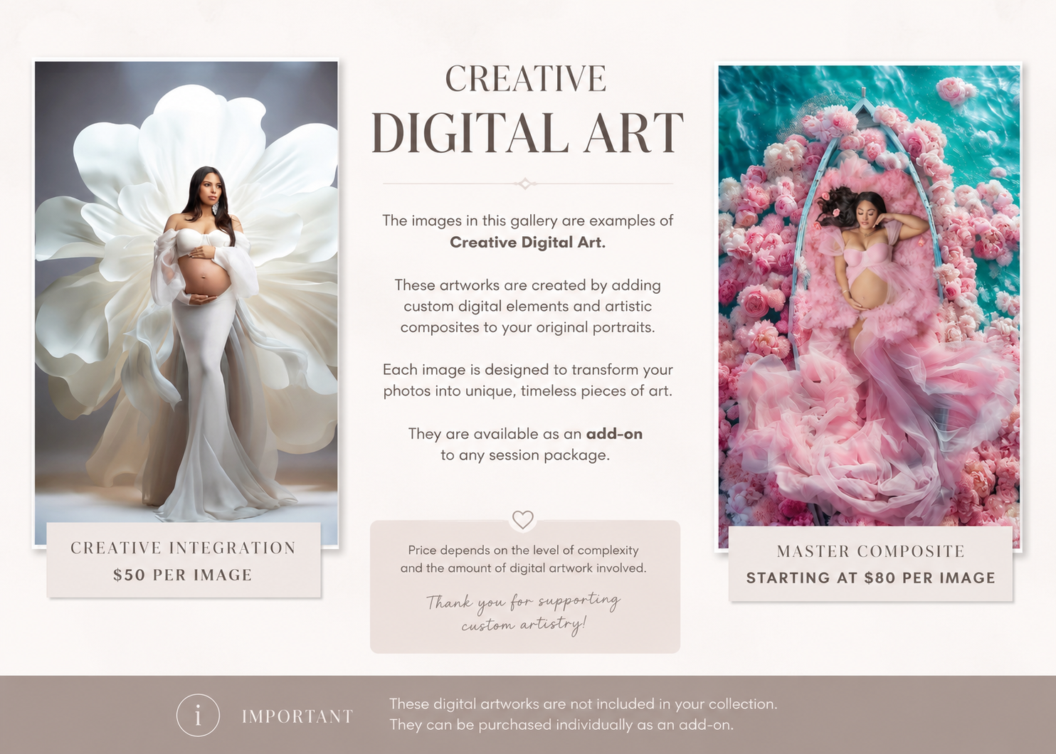 Promotional flyer for creative digital art photography featuring maternity and fantasy composite portraits with pricing details.