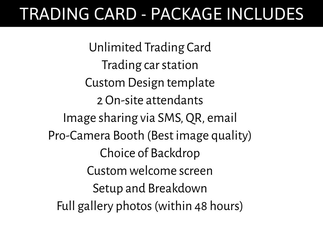 Photo booth package includes unlimited prints, GIFs, boomerangs, custom design, pro camera, backdrop choice, props, and gallery photos.