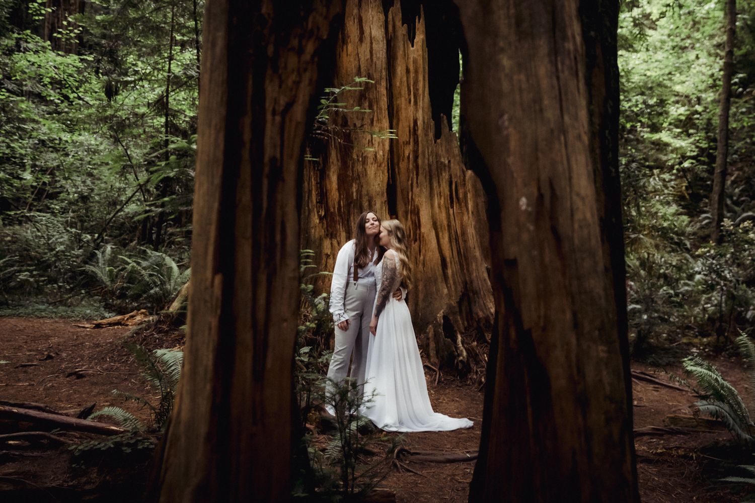 LGBTQ brides embrace among towering redwood trees in a lush forest wedding elopement setting.