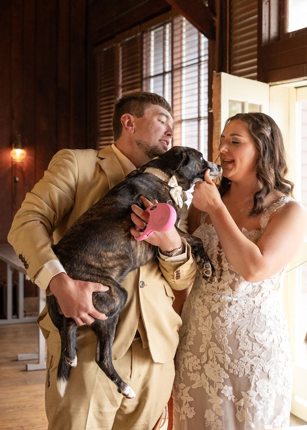 Bride and groom in tan suit share wedding cake with their brindle dog at rustic indoor venue.
