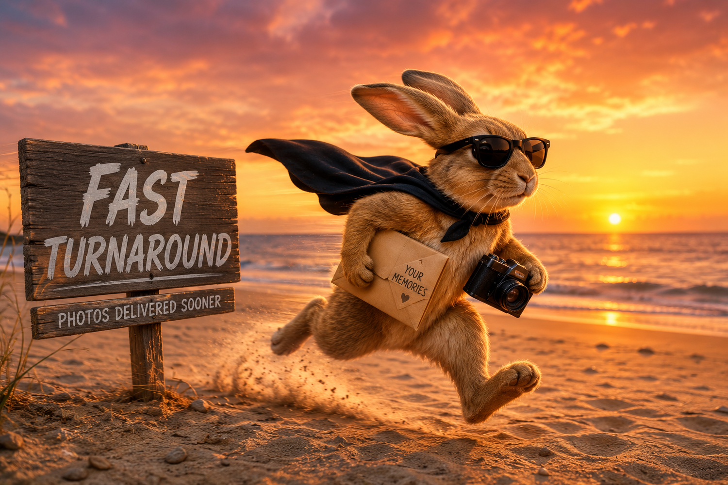 A fast rabbit wearing sunglasses and a cape runs on a beach at sunset near a Fast Turnaround sign.