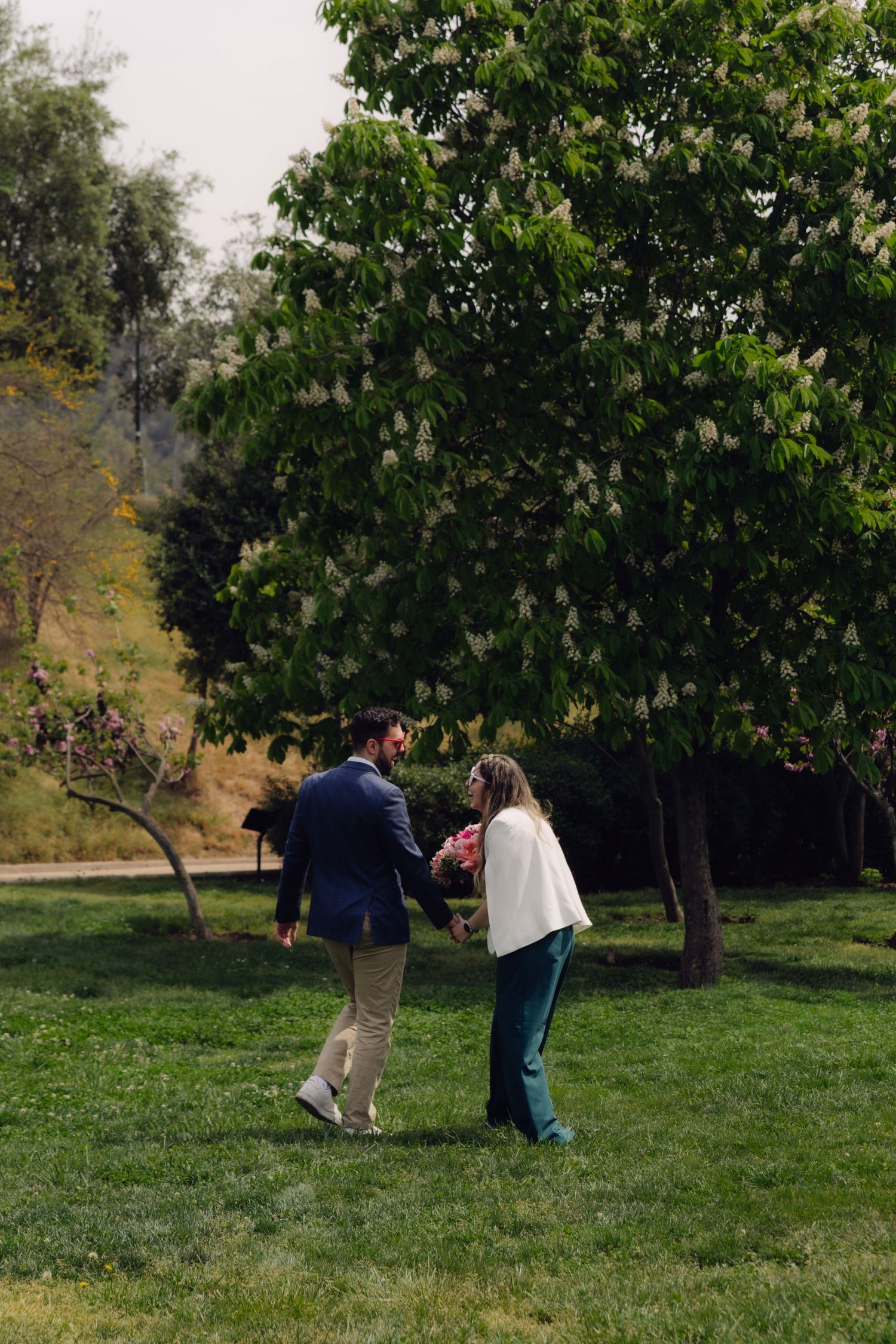 Couple walking hand in hand on green lawn beneath blooming white flowering tree outdoors.