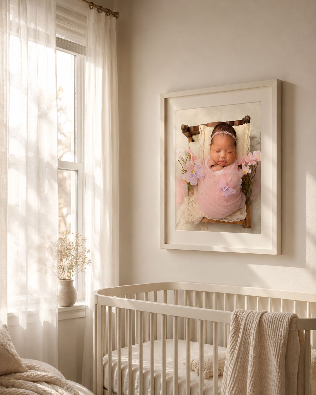 Framed newborn portrait of a baby girl wrapped in soft pink displayed as wall art in a bright neutral nursery with a light wood crib, sheer