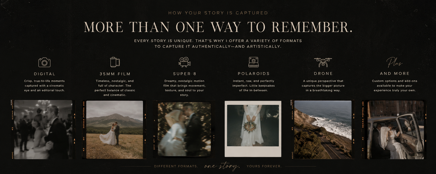 A wedding photography website showcasing multiple formats including digital, film, and video services with elegant couple portraits.