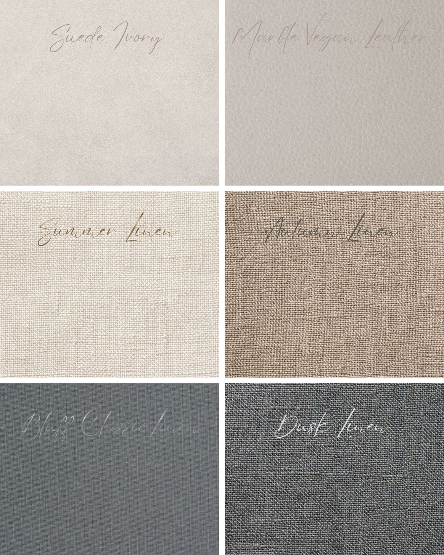 Signature album covers in Fog Linen, Ecru Suede, and frames in Stonington Ash, Greenwich Champagne, and Essex Pearl.