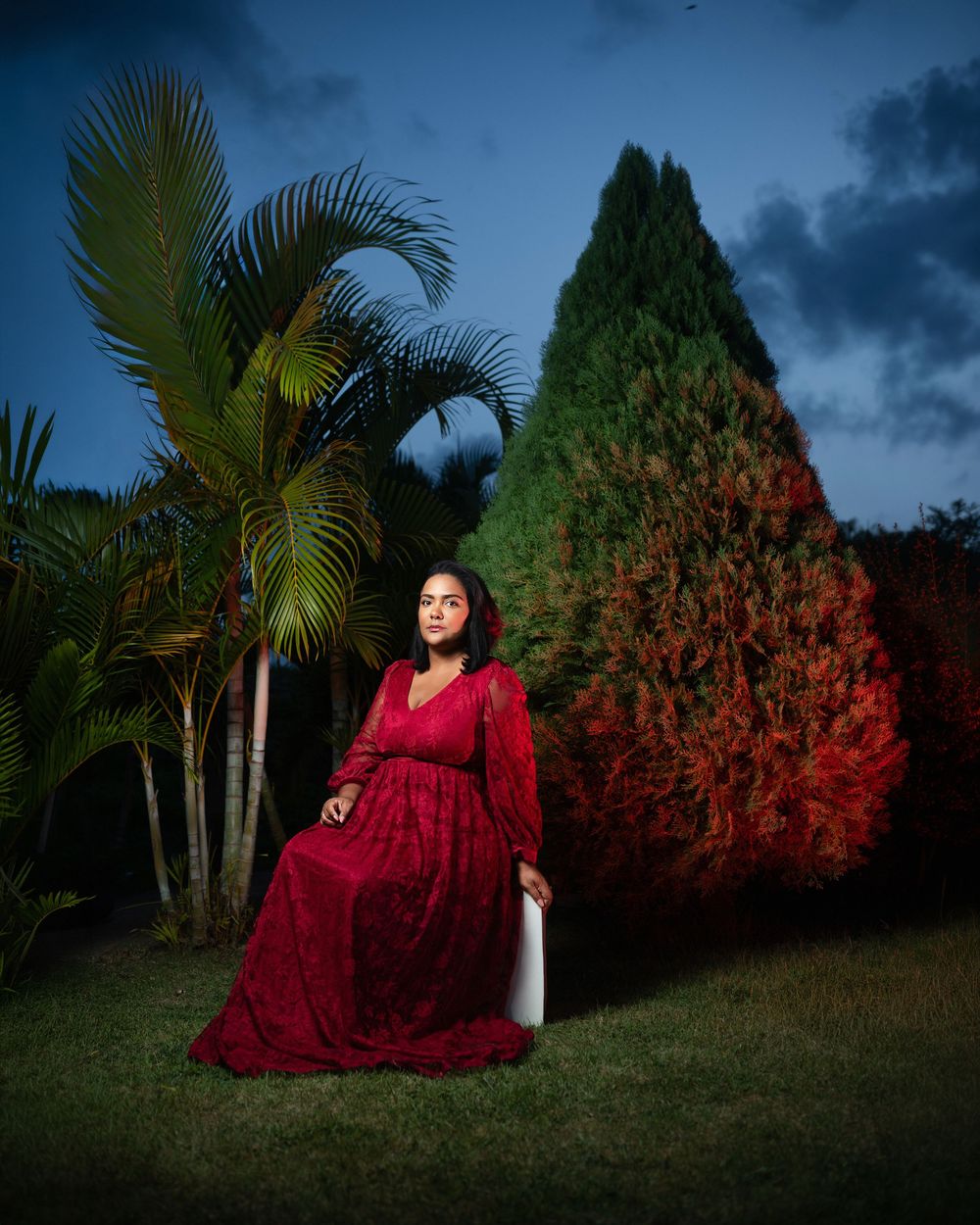 Sesion de fotos bosque vestido rojo de noche República Dominicana