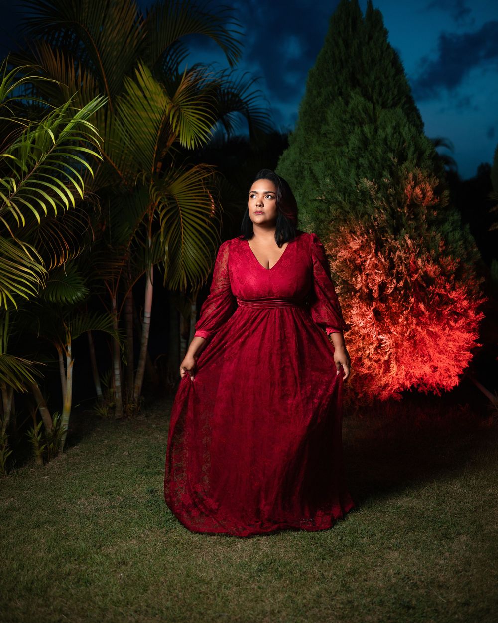 Sesion de fotos bosque vestido rojo de noche República Dominicana