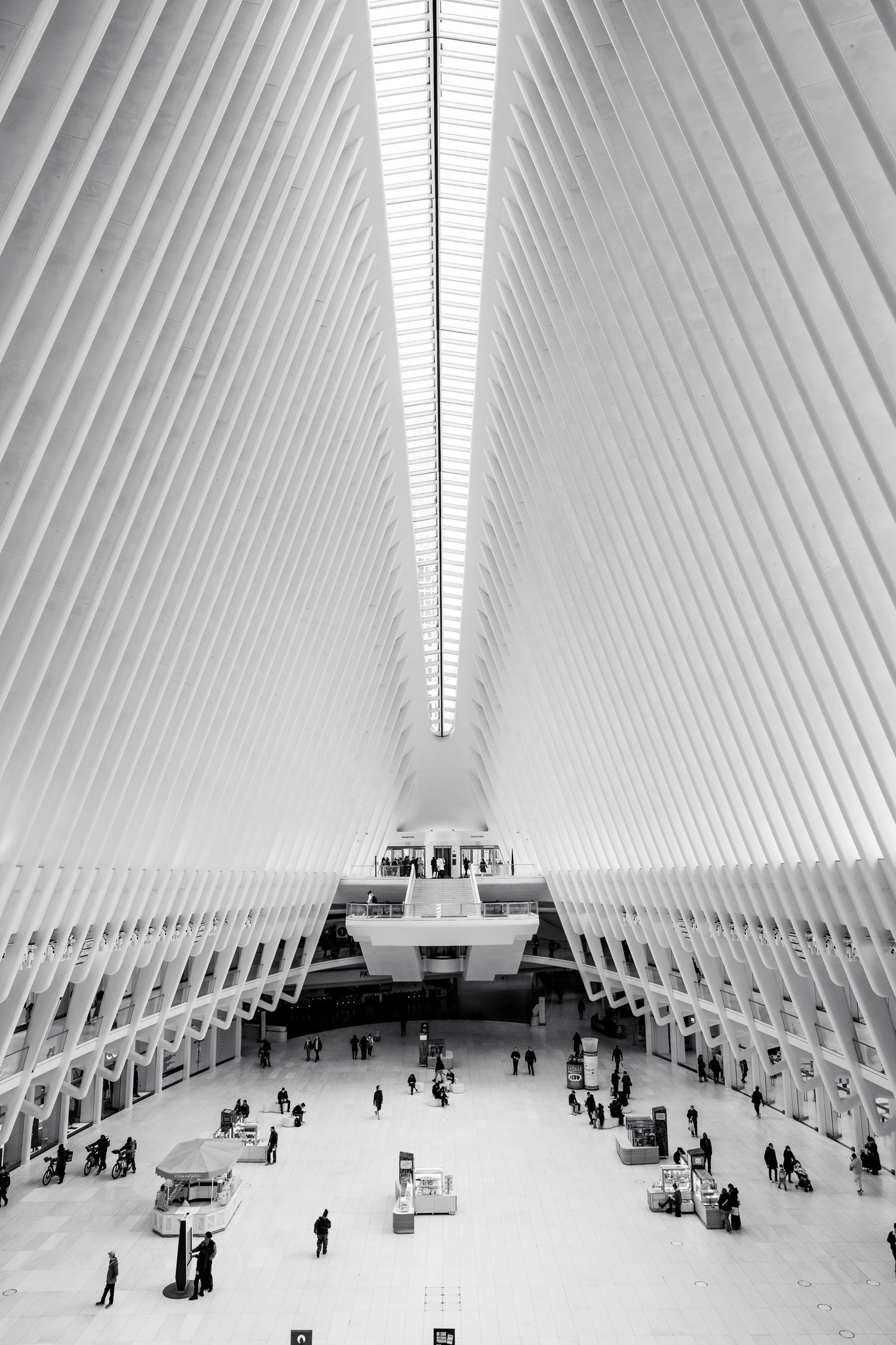 Vista interna in bianco e nero del grande atrio dell'Oculus con le linee architettoniche bianche e i visitatori sul pavimento.