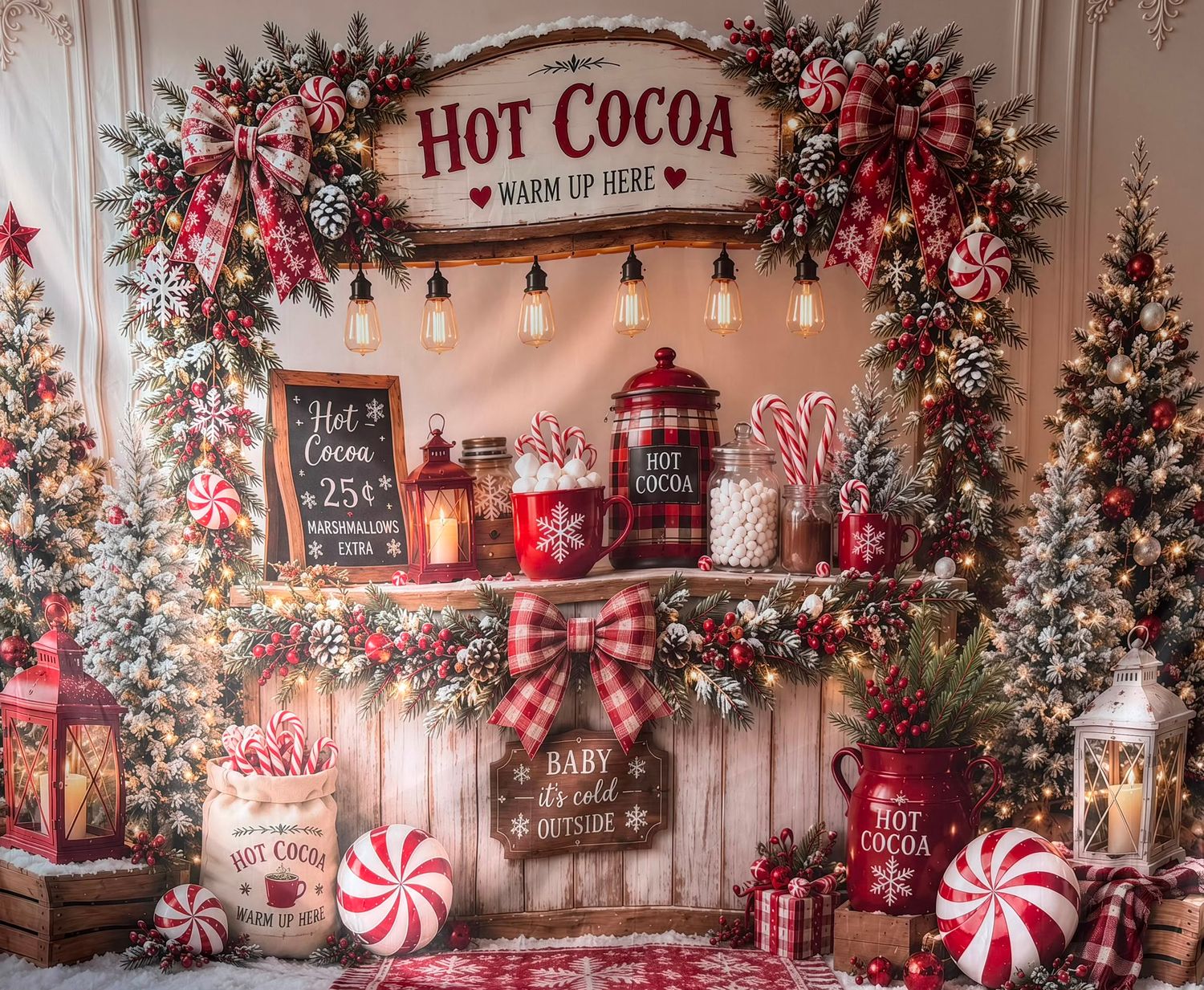 Festive hot cocoa bar with candy canes, Christmas trees, plaid bows, and holiday decorations on a rustic white wood backdrop.