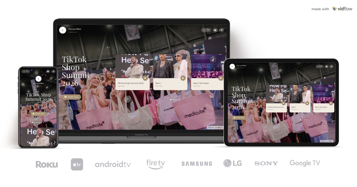 TikTok Shop displayed on multiple devices including tablet, TV, and phone, with streaming platform logos like Roku and Samsung.