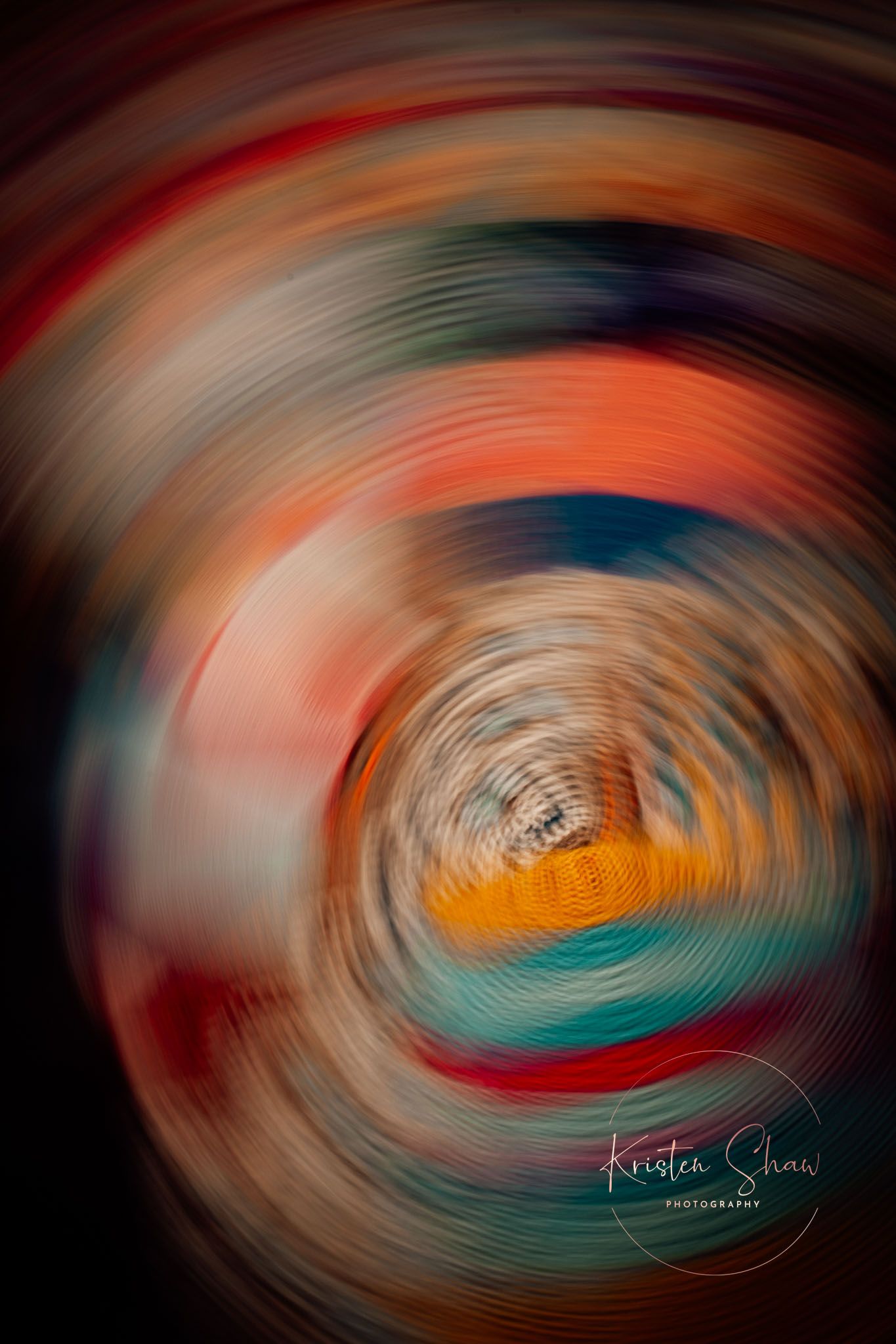 Abstract blurred botanical art print with teal, orange, and dark green tones by Kristen Shaw Photography.