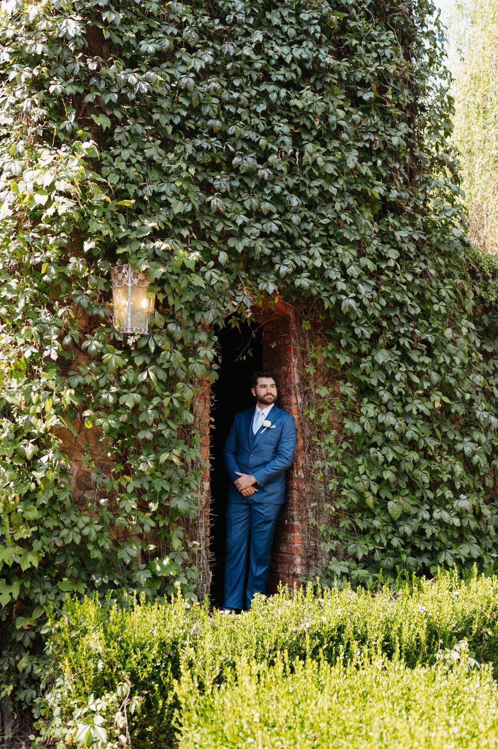 Groom in blue suit standing in ivy-covered brick archway surrounded by lush green hedges at elegant outdoor wedding venue.