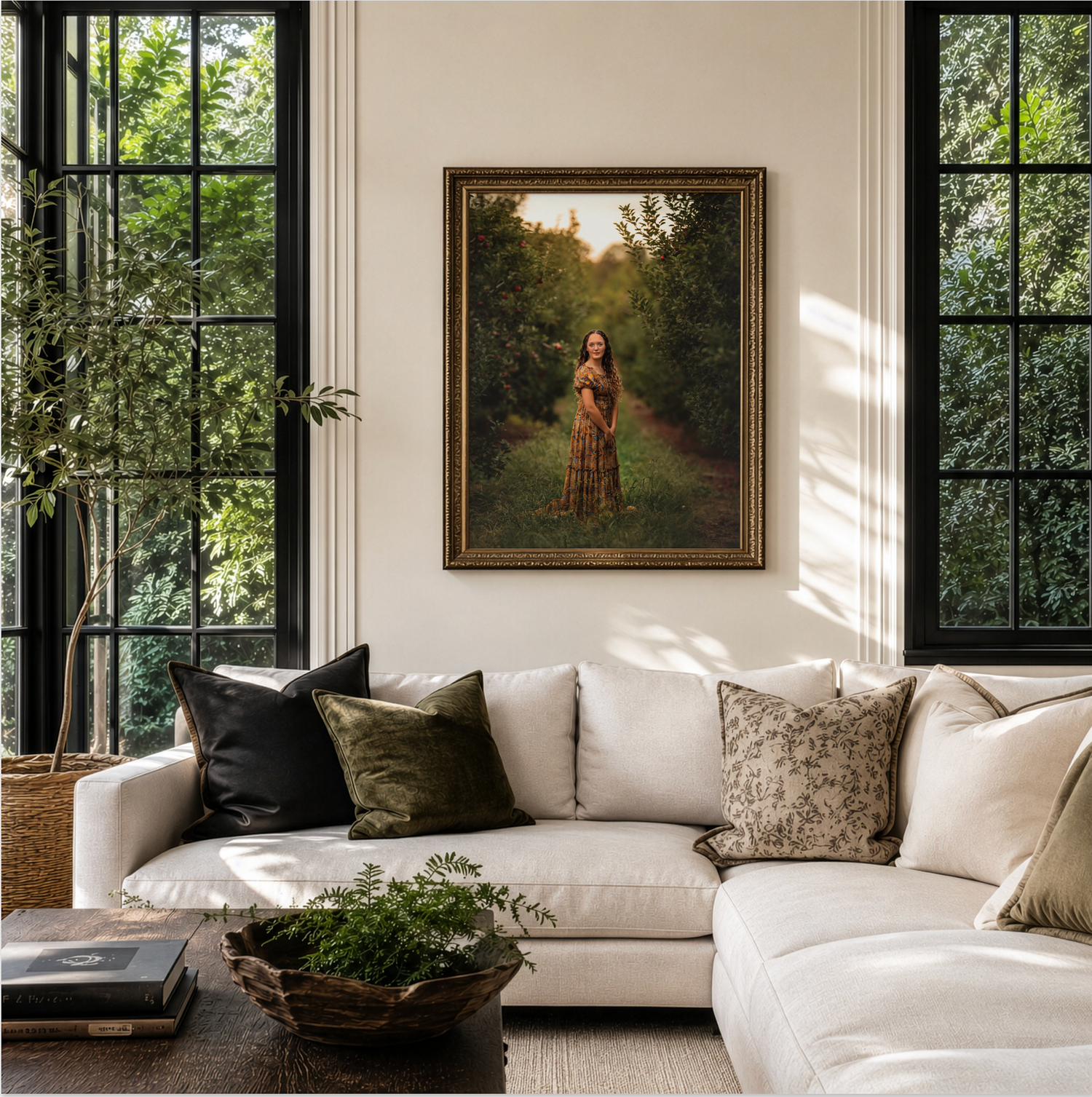 Elegant living room with a framed portrait of a woman in a forest path, white sectional sofa, green pillows, and large windows.