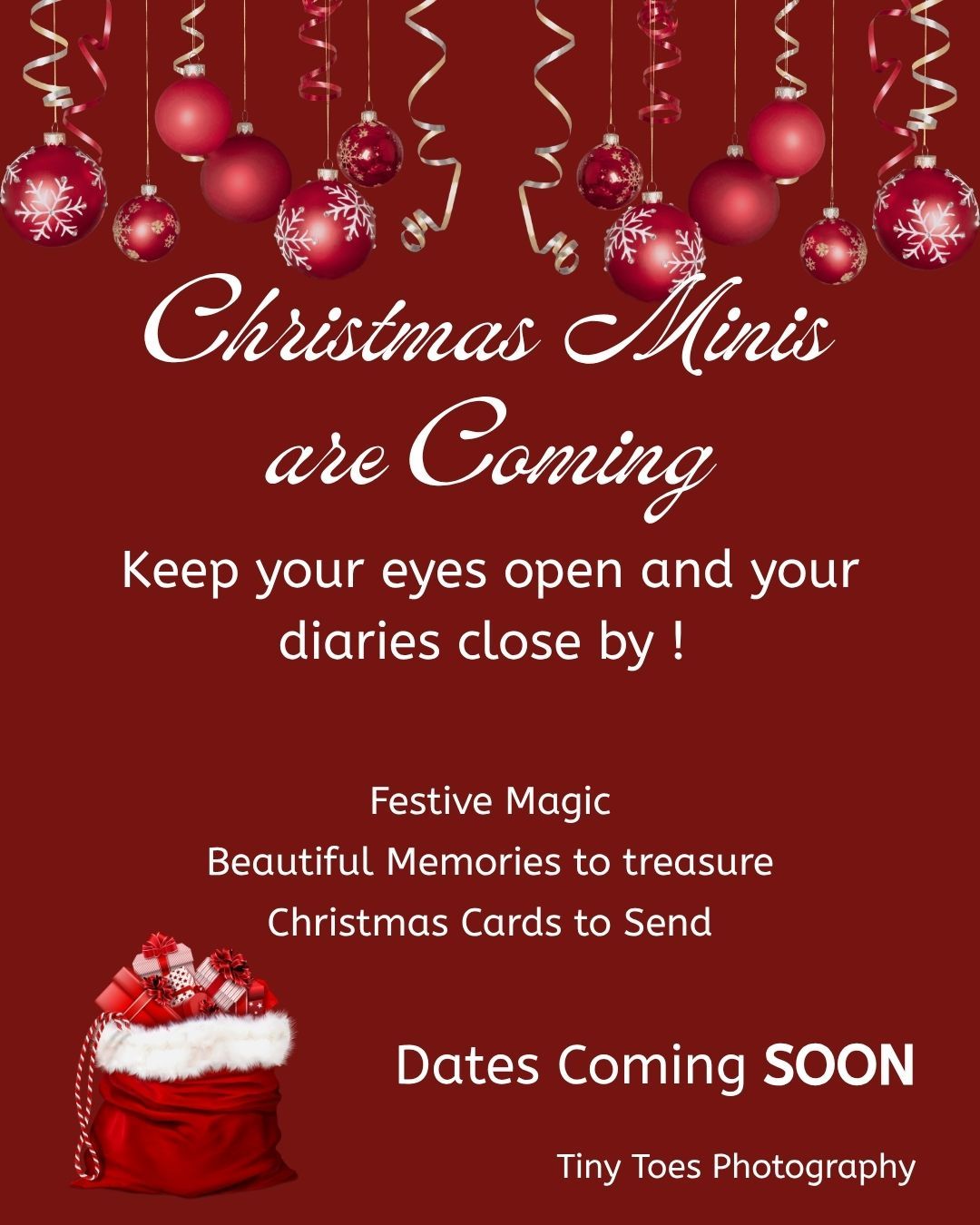 Red Christmas mini photography session announcement with ornaments, gift bag, and festive text by Tiny Toes Photography.