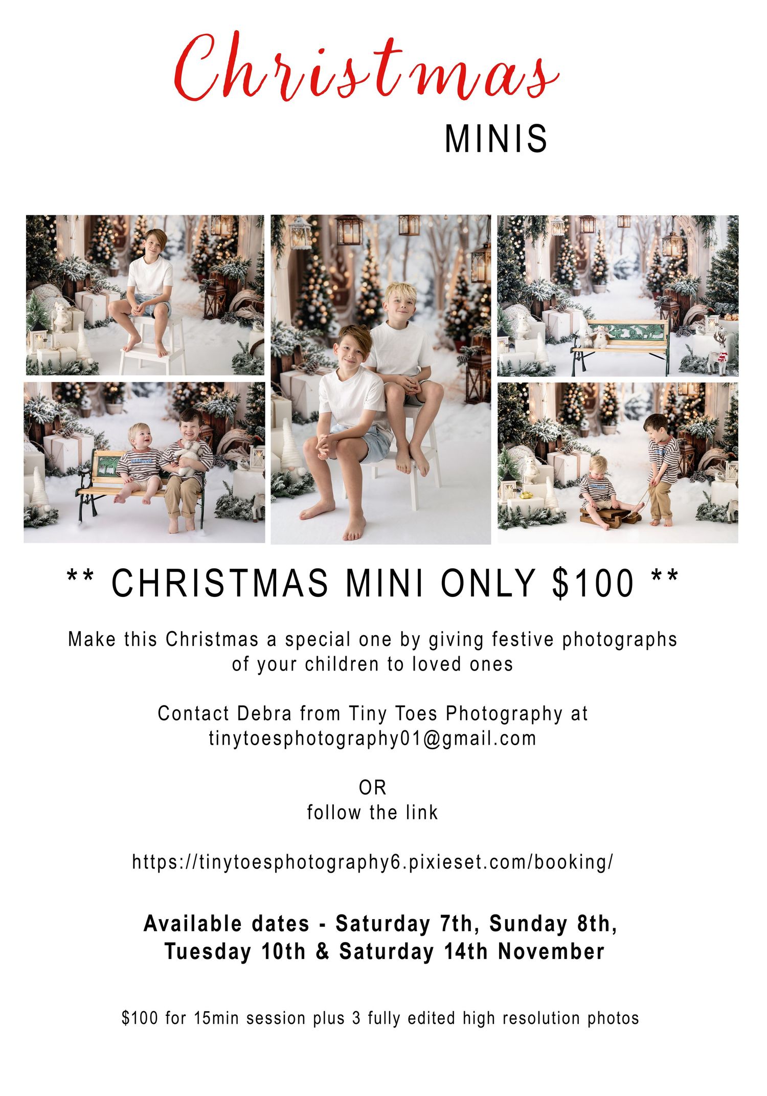 Red Christmas mini photography session announcement with ornaments, gift bag, and festive text by Tiny Toes Photography.