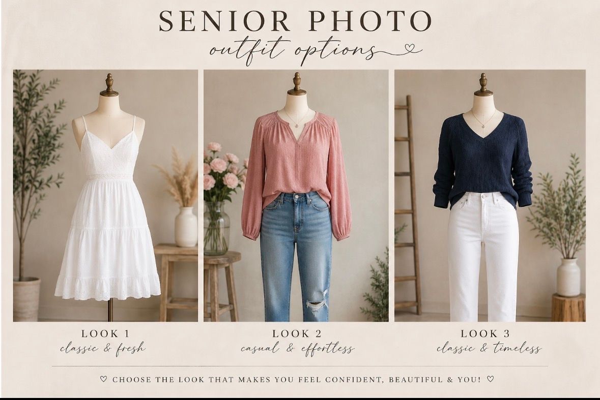 Senior photo outfit options featuring three stylish looks: a white dress, pink blouse with jeans, and navy sweater with white pants.