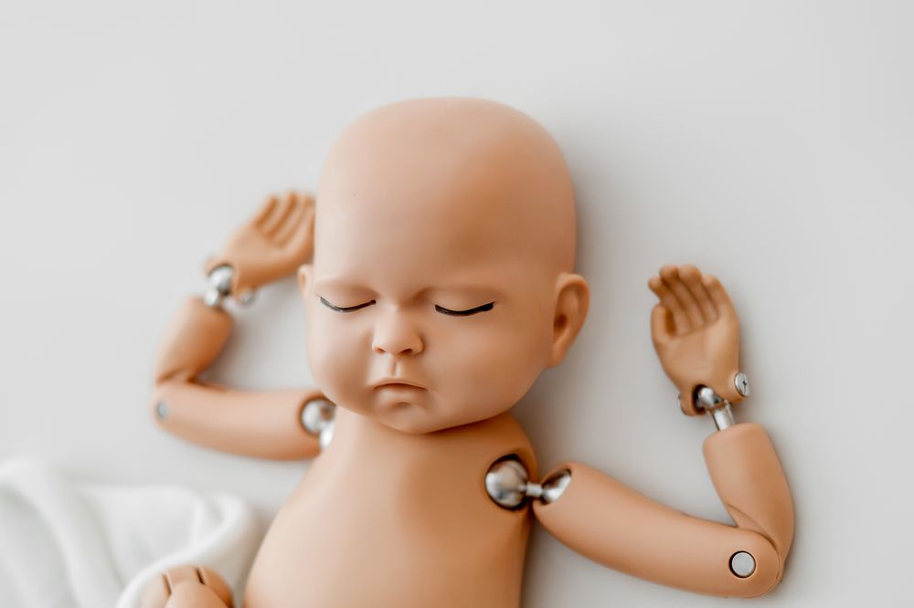 Realistic newborn baby doll with jointed limbs lying on white fabric, featuring lifelike facial details and articulated metal joints.