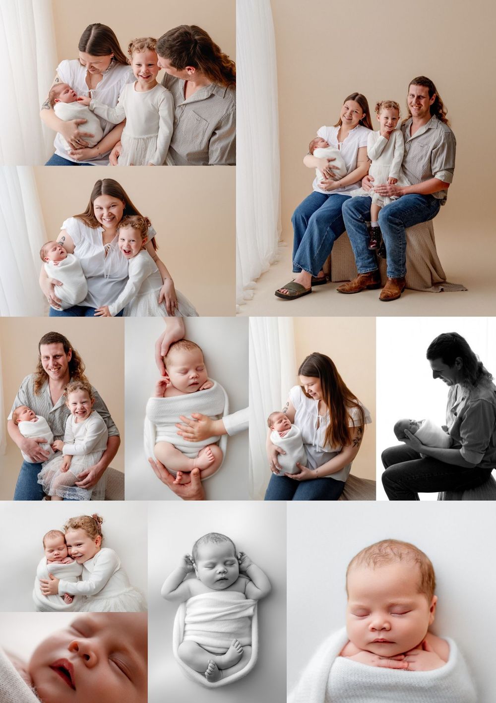 Newborn photography collage featuring a baby with mother, sibling, and family in soft neutral tones, including close-up portraits.