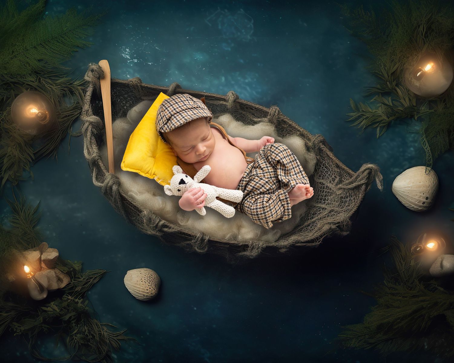 Newborn baby sleeping in a rustic boat prop wearing a plaid outfit and cap, holding a toy bunny with candles and greenery.