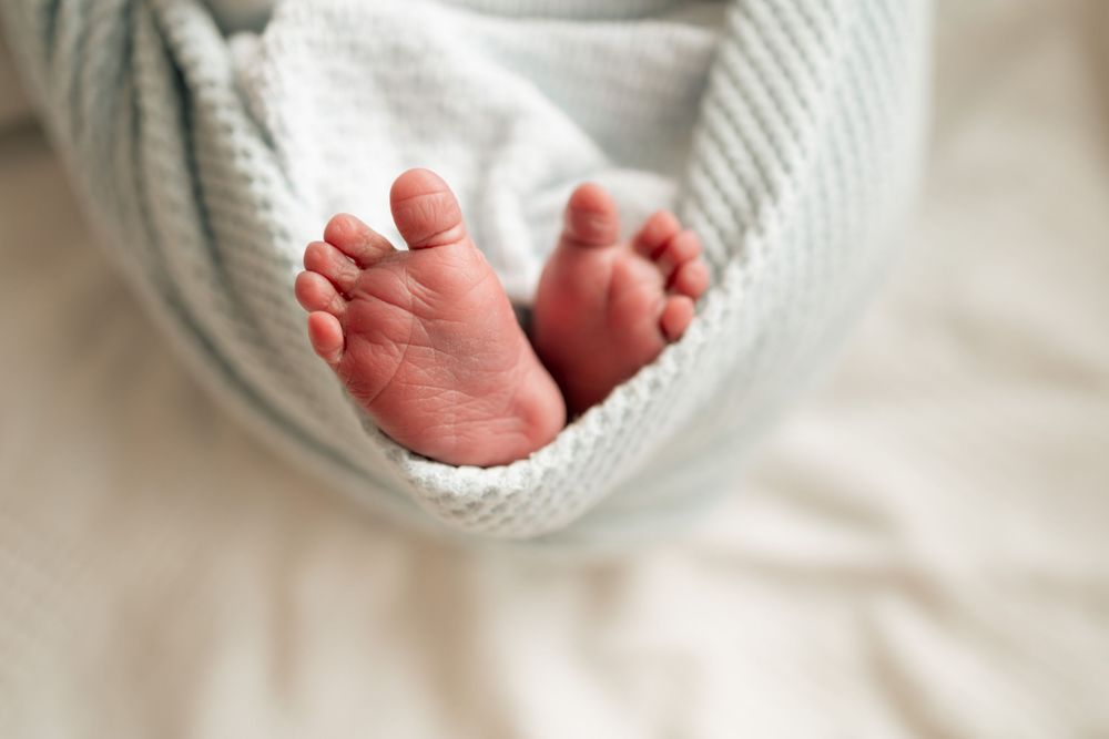 Close-up of newborn baby feet wrapped in a soft light blue knit blanket on a white background at Parkwest Medical Center in Knoxville, TN.
