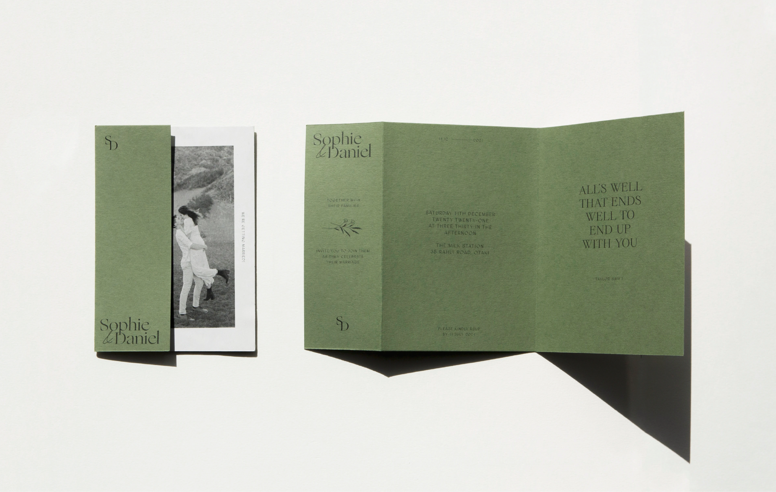 Green trifold wedding invitation suite for Sophie and Daniel on white background.