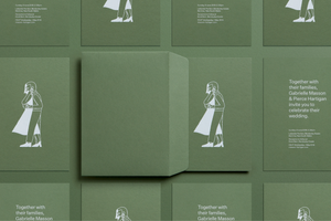 Elegant olive green wedding invitation suite with minimalist illustrated figure design displayed in a flat lay arrangement.