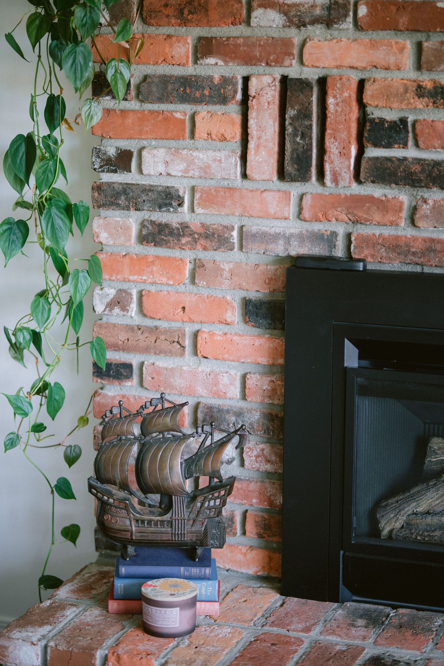 Vintage model ship displayed on books beside a brick fireplace with trailing green ivy plant nearby.