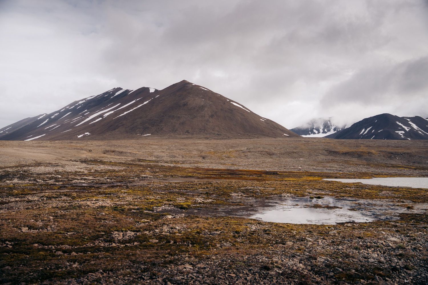 conique.jpg	Premier plan de mousses vert vif devant un sommet brun conique du Svalbard avec un lac sur la droite