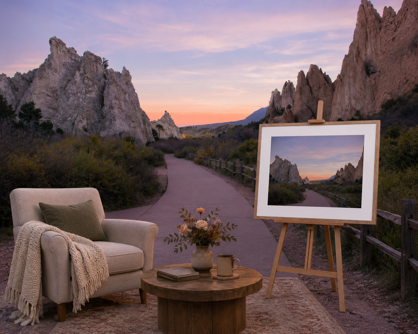 Cozy armchair and easel with landscape painting set against dramatic rock formations at sunset in a desert scene.