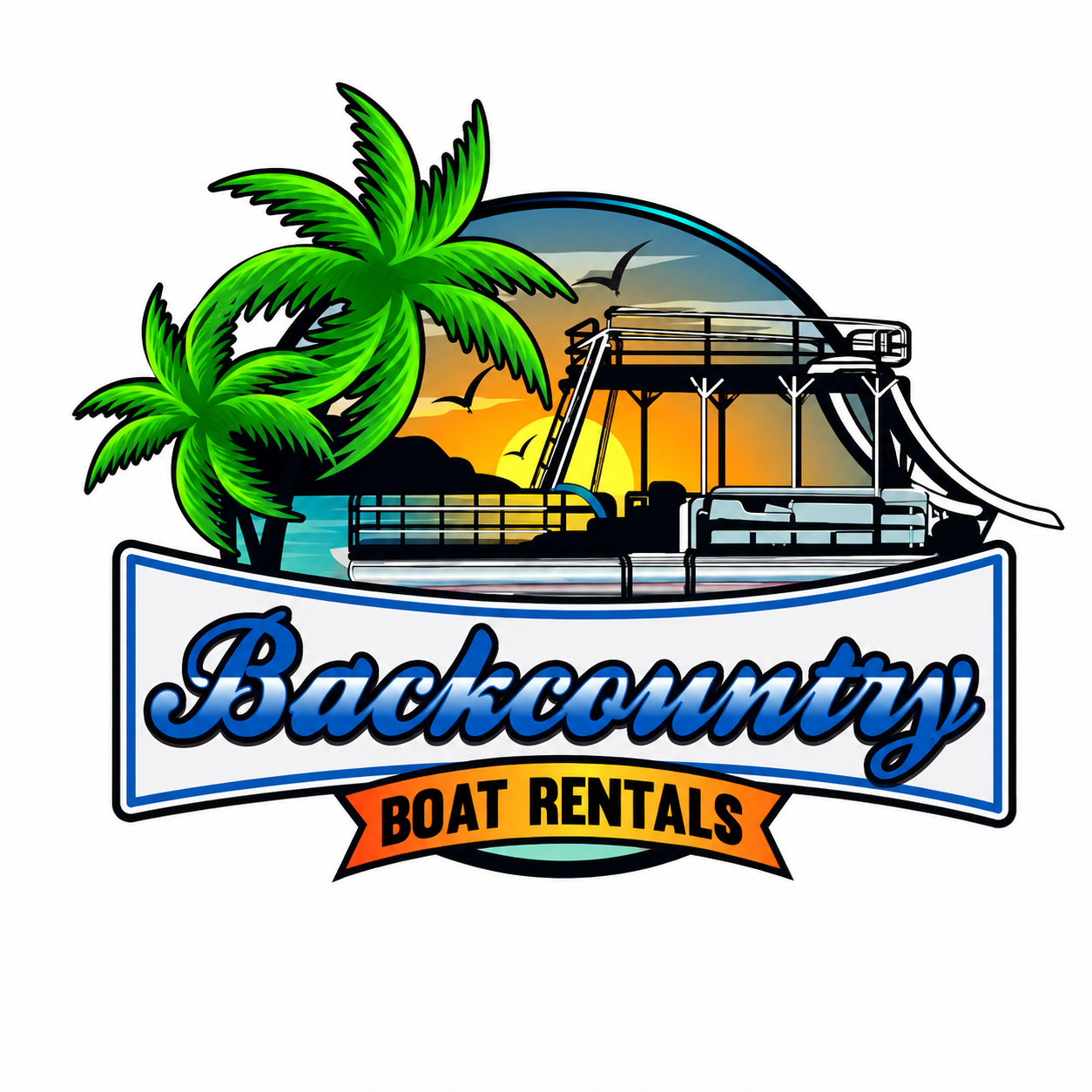 Backcountry Boat Rentals logo featuring a pontoon boat, palm trees, and a colorful sunset backdrop.