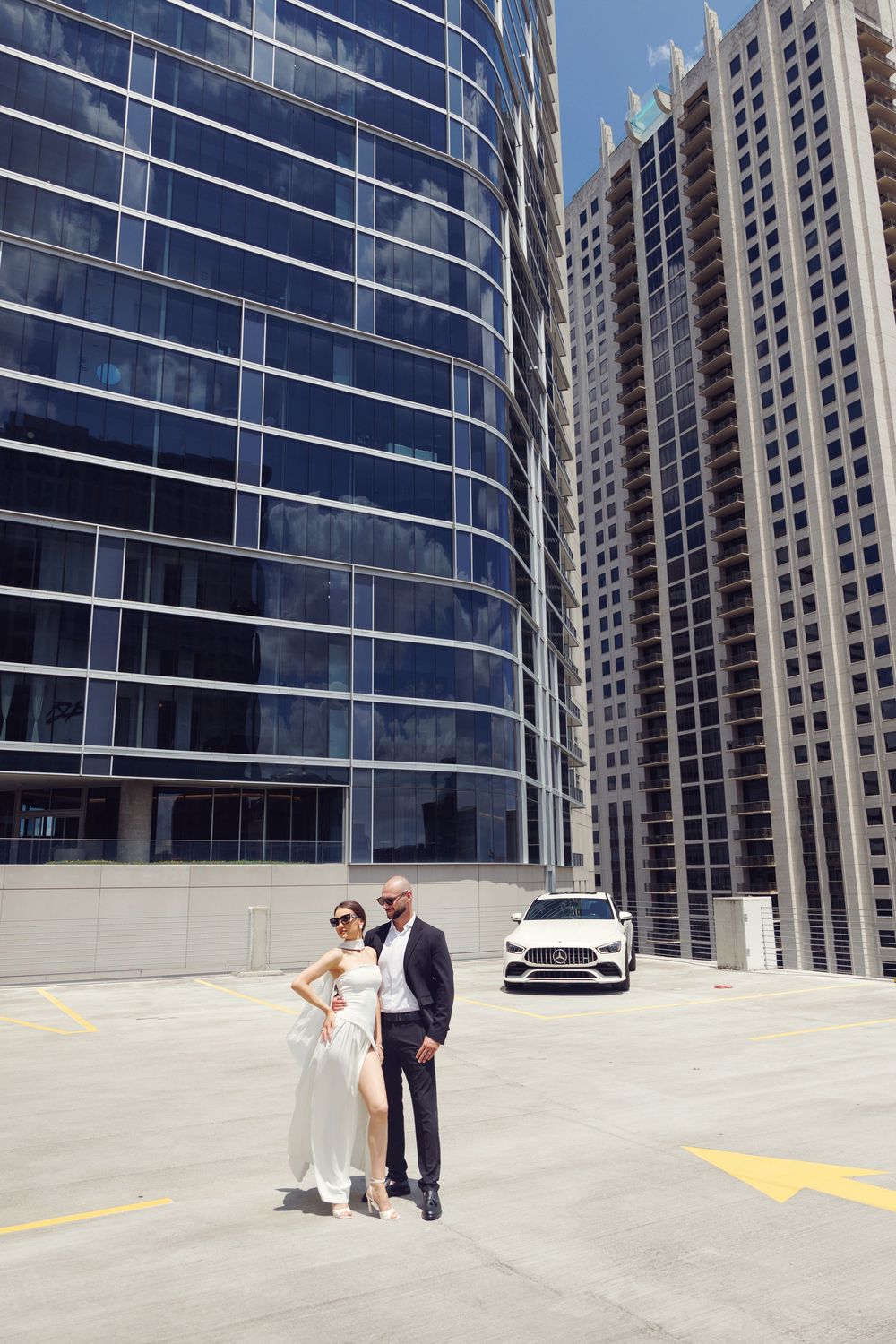 Bride and groom at One Market Square Garage in Houston