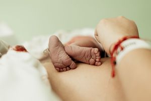 Newborn baby tiny feet resting on mother's hand with hospital bracelet, close-up newborn photography.