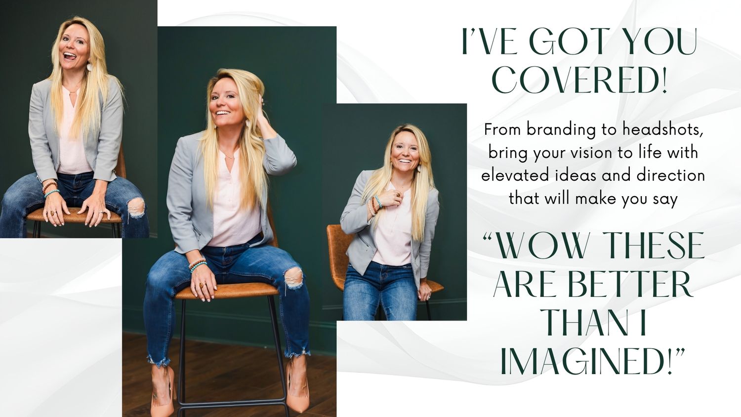 Professional woman in blazer poses confidently for branding headshots against dark green backdrop, showcasing elevated photography services.