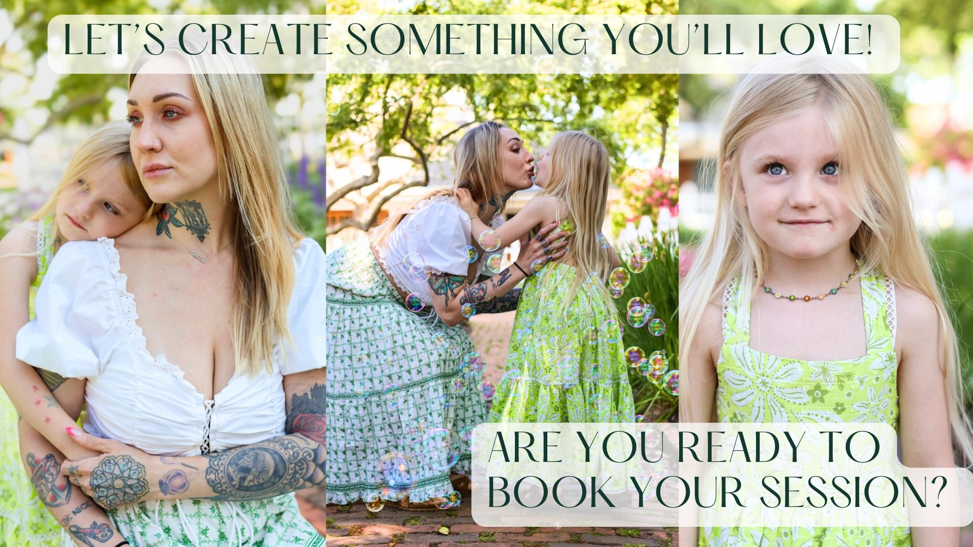 A photography studio promotional collage featuring a tattooed woman, a mother and child embracing, and a young girl in a green dress.