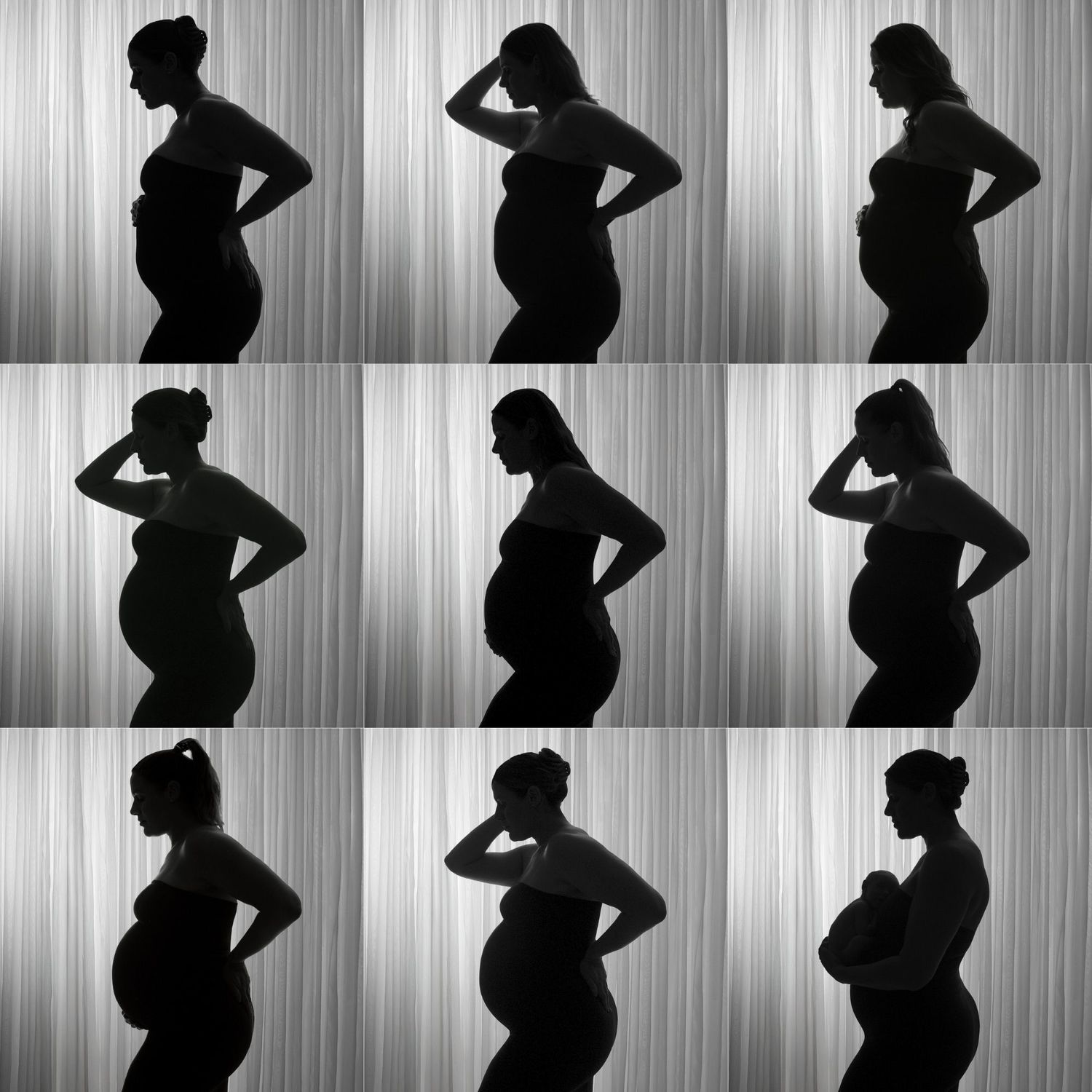 Black and white collage of nine pregnant woman silhouettes showing baby bump progression stages against striped background.