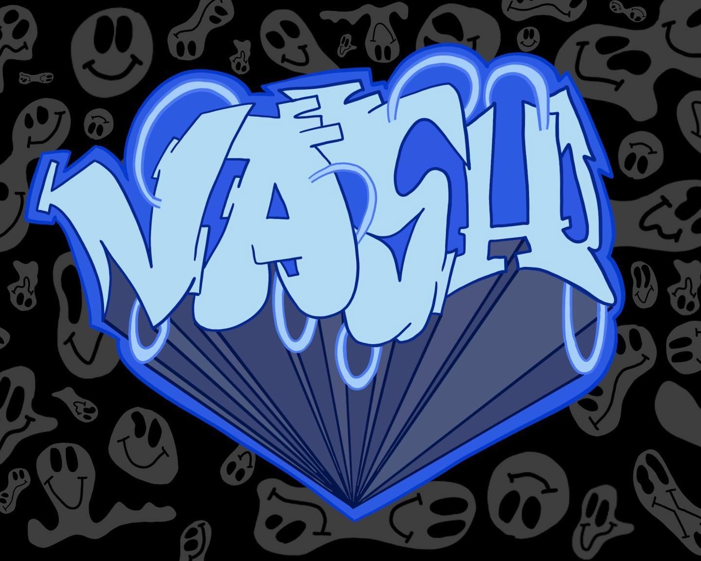 Blue graffiti art spelling NASH on dark background with smiley face pattern, featuring bold bubble letters with neon outline.