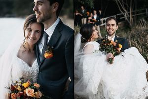 Bride and groom posing for wedding portraits outdoors, bride holding autumn bouquet in lace gown.